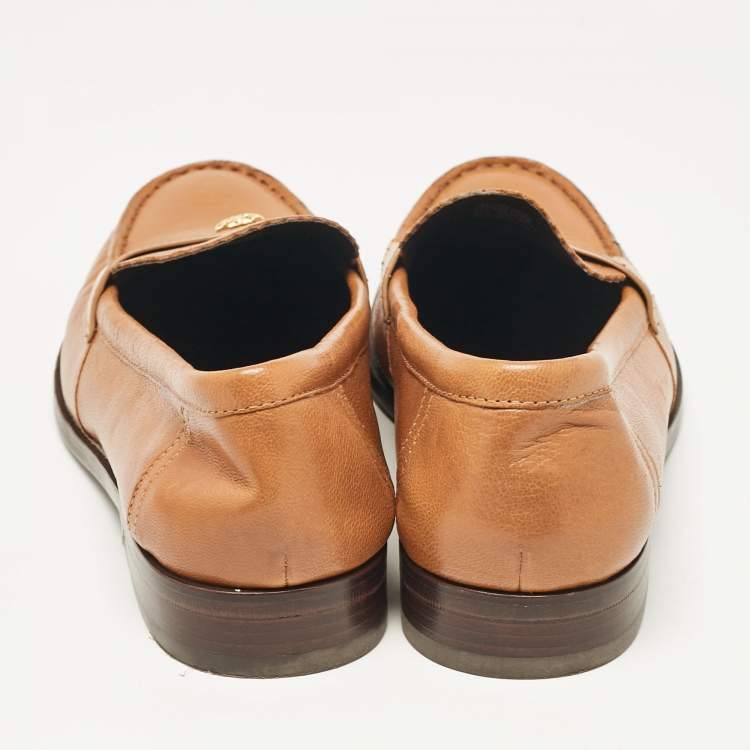 Pre Owned Tory Burch Brown Leather Classic Logo Plaque Loafers Size 39
