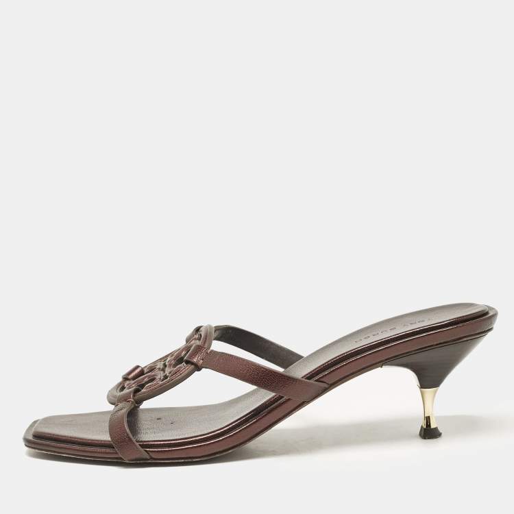 Pre Owned Tory Burch Brown Leather Miller Bombe Slide Sandals Size 39.5