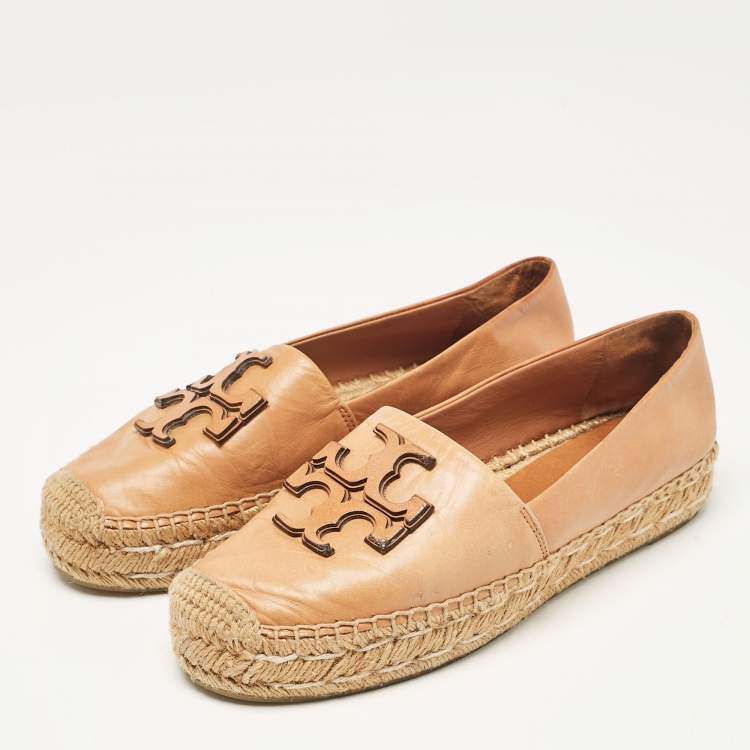 Pre Owned Tory Burch Brown Leather Ines Espadrille Flats Size 38