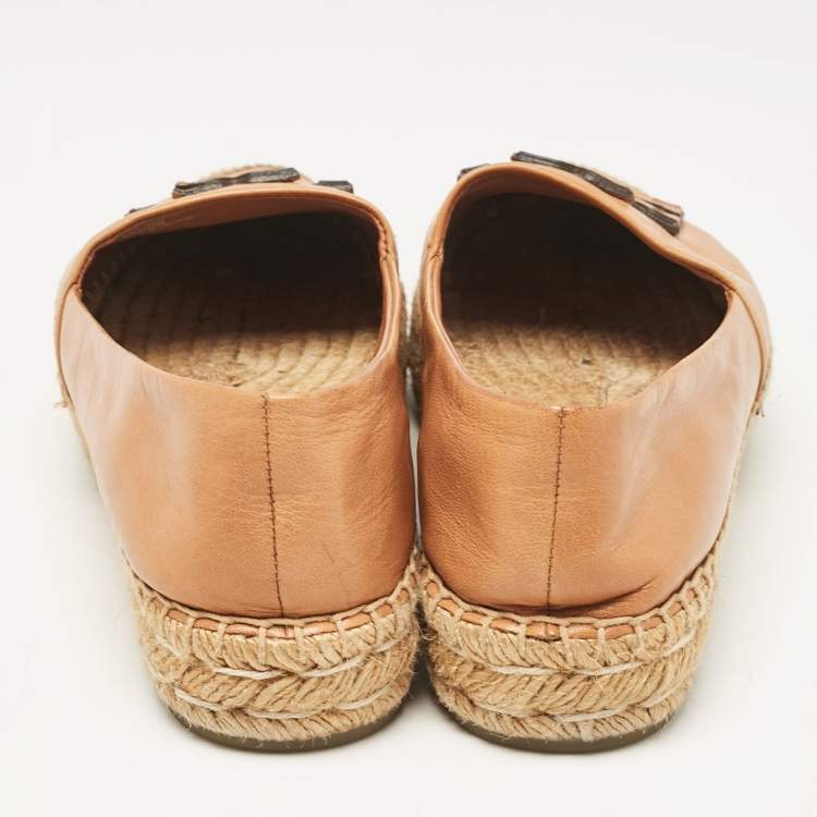 Pre Owned Tory Burch Brown Leather Ines Espadrille Flats Size 38