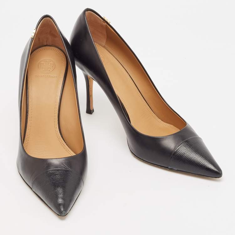 Pre Owned Tory Burch Black Lizard Embossed and Leather Penelope Pumps Size 41