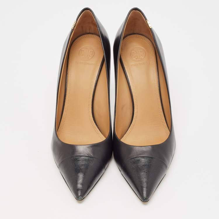 Pre Owned Tory Burch Black Lizard Embossed and Leather Penelope Pumps Size 41