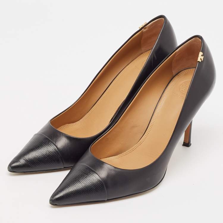 Pre Owned Tory Burch Black Lizard Embossed and Leather Penelope Pumps Size 41
