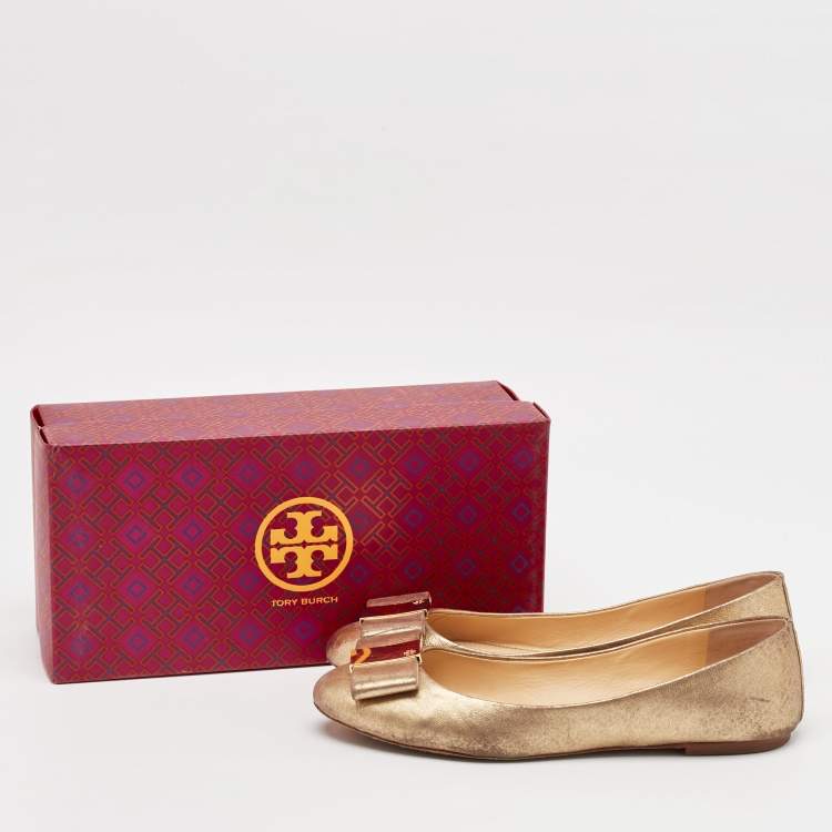 Pre Owned Tory Burch Gold Leather Bow Chase Ballet Flats Size 40.5
