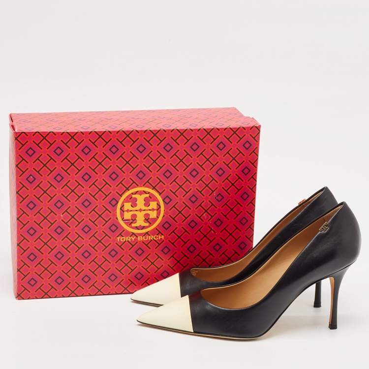 Pre Owned Tory Burch White/Black Patent and Leather Penelope Pumps 40.5