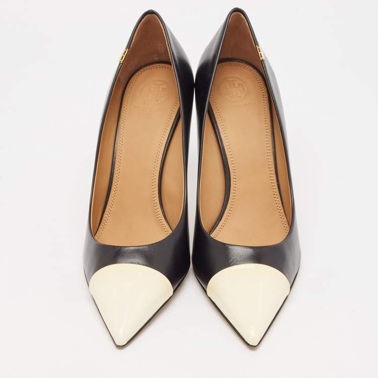 Pre Owned Tory Burch White/Black Patent and Leather Penelope Pumps 40.5