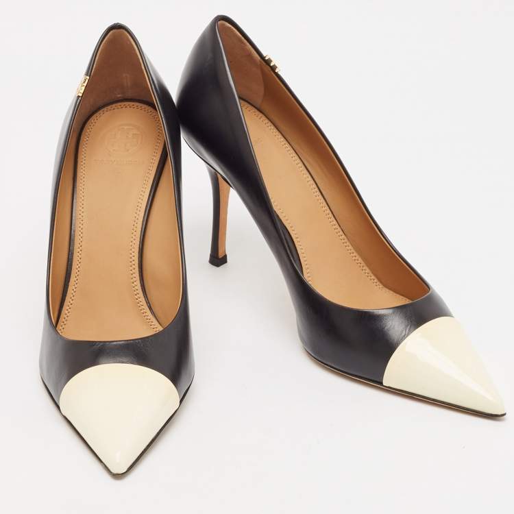 Pre Owned Tory Burch White/Black Patent and Leather Penelope Pumps 40.5
