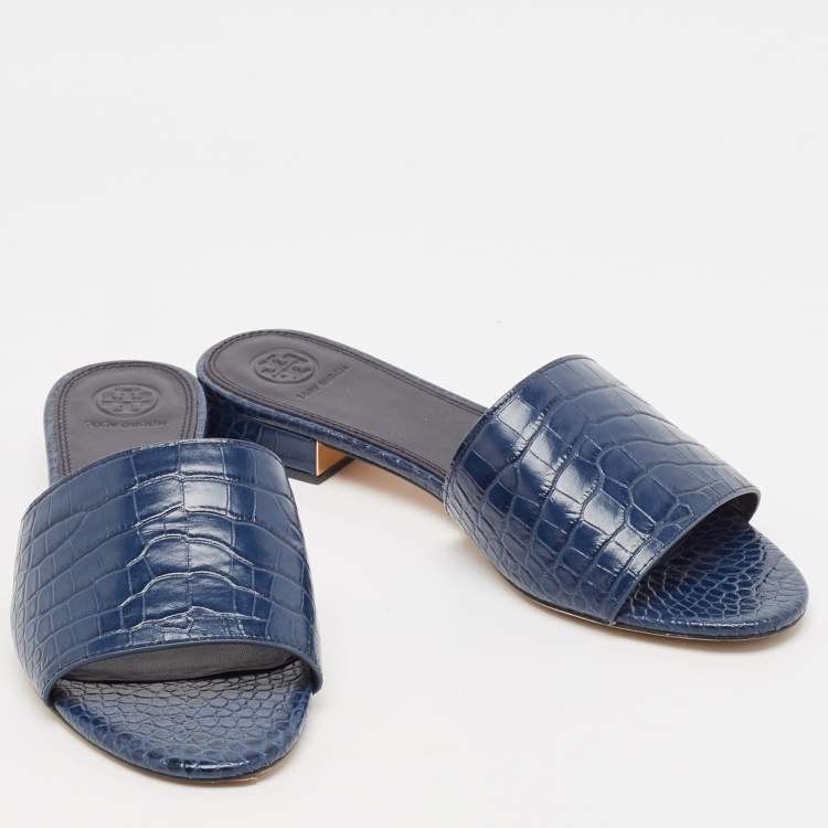 Pre Owned Tory Burch Blue Embossed Crocodile Martine Slides Size 39.5 