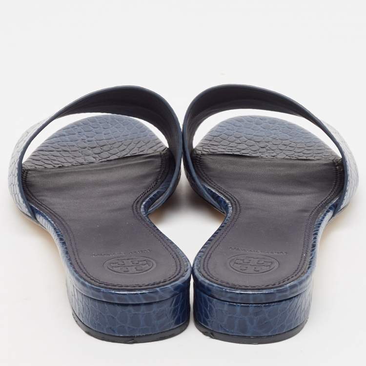 Pre Owned Tory Burch Blue Embossed Crocodile Martine Slides Size 39.5 