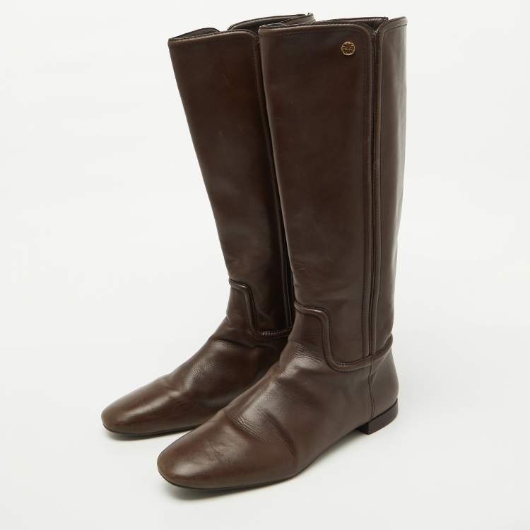 Pre Owned Tory Burch Dark Brown Leather Riding Knee Length Boots Size 41
