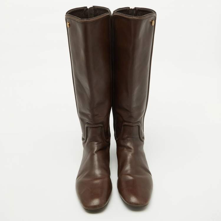 Pre Owned Tory Burch Dark Brown Leather Riding Knee Length Boots Size 41