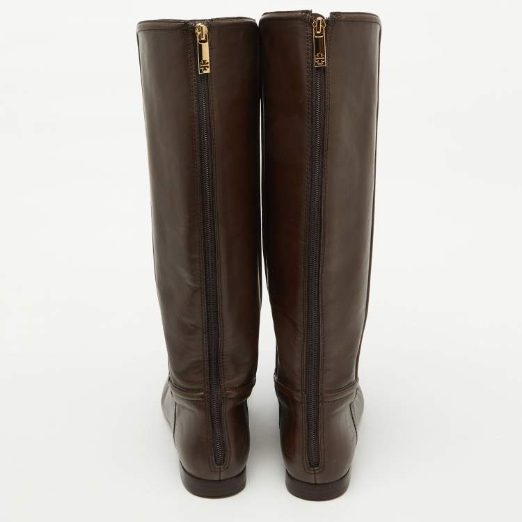 Pre Owned Tory Burch Dark Brown Leather Riding Knee Length Boots Size 41