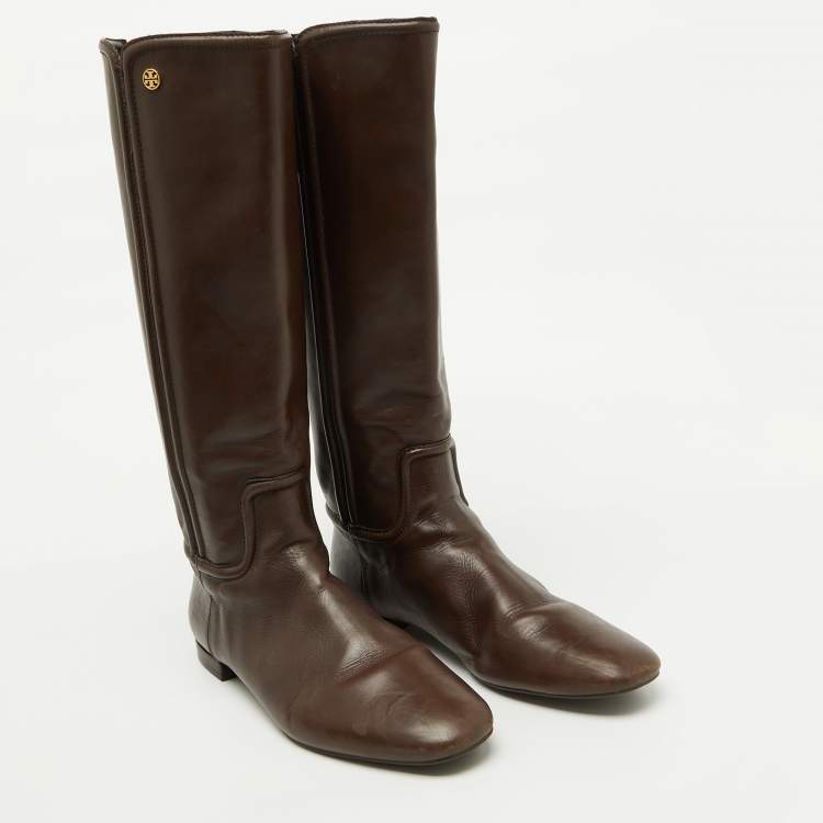Pre Owned Tory Burch Dark Brown Leather Riding Knee Length Boots Size 41