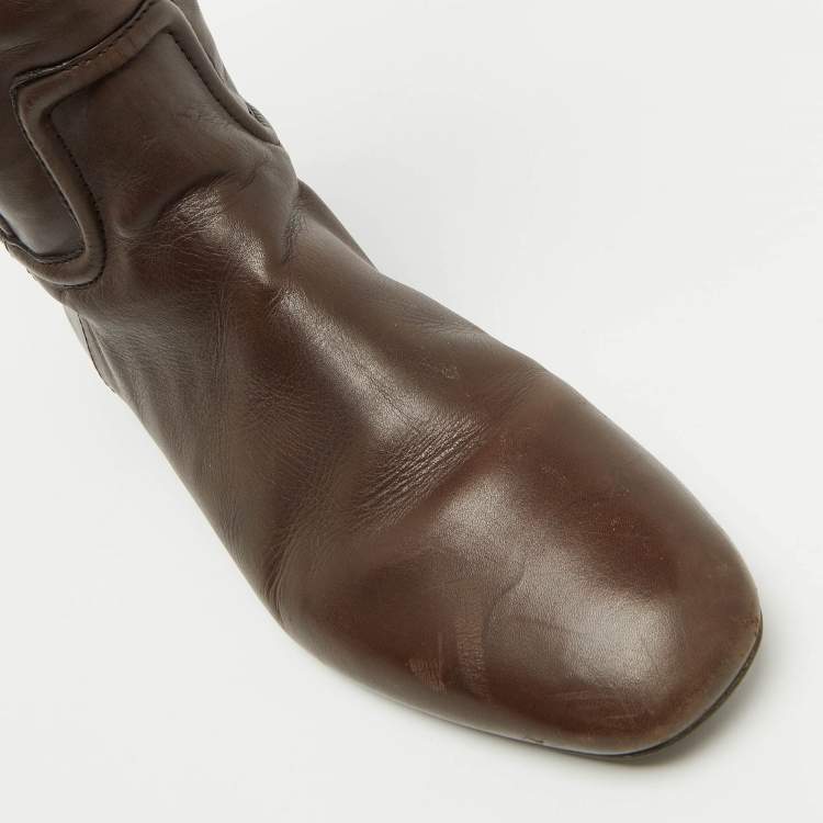 Pre Owned Tory Burch Dark Brown Leather Riding Knee Length Boots Size 41