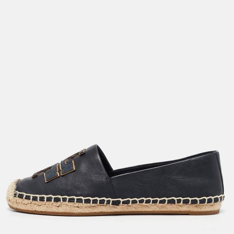 Pre Owned Tory Burch Navy Blue Leather Ines Espadrille Flats Size 36.5