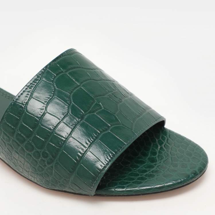 Pre Owned Tory Burch Green Croc Embossed Leather Flat Slides Size 39