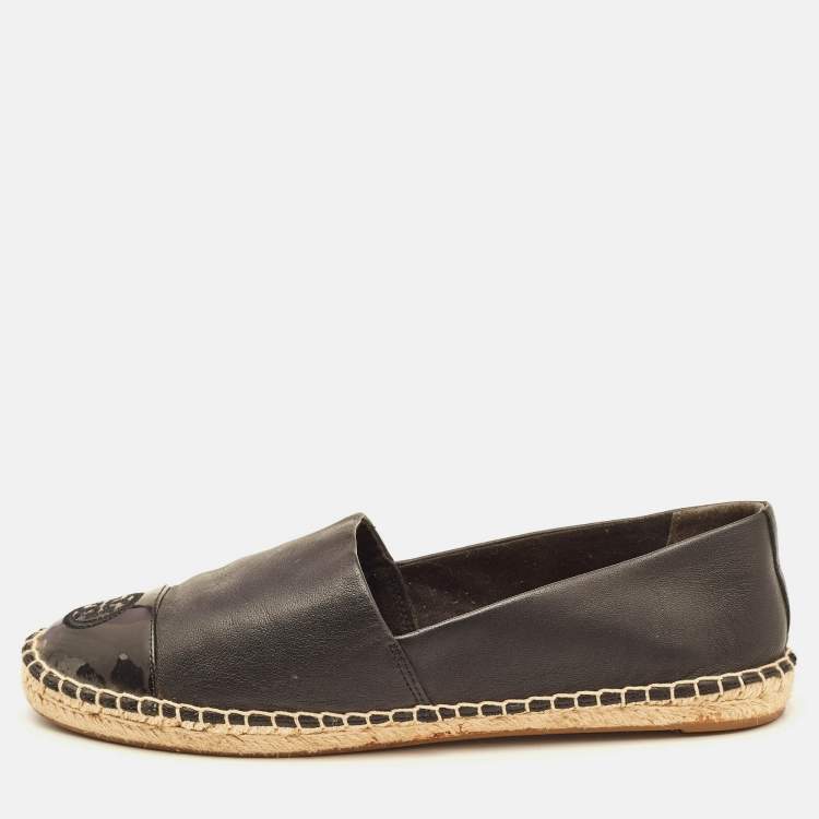 مملوكة مسبقًا Tory Burch Black Leather Logo Cap Toe Espadrille Flats Size 39