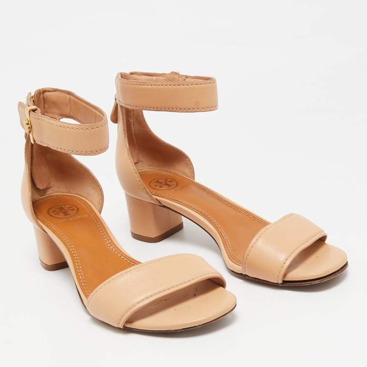 Pre Owned Tory Burch Beige Leather Ankle Strap Sandals Size 35.5