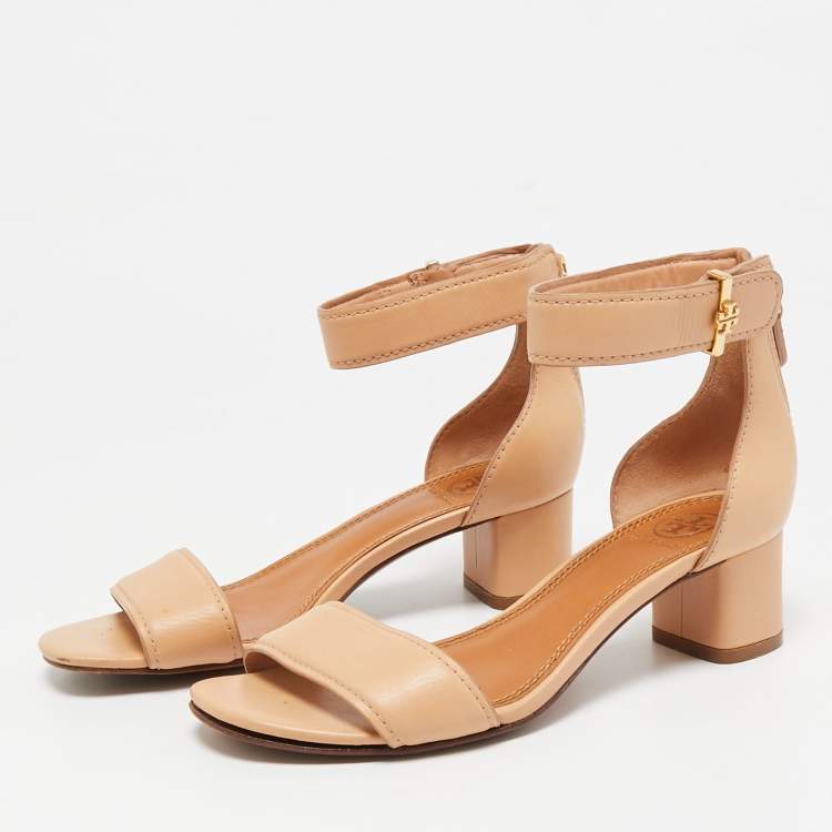 Pre Owned Tory Burch Beige Leather Ankle Strap Sandals Size 35.5