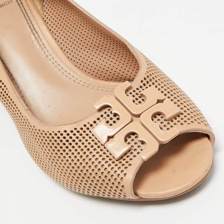 Pre Owned Tory Burch Beige Leather Jade Peep Toe Wedge Pumps Size 37