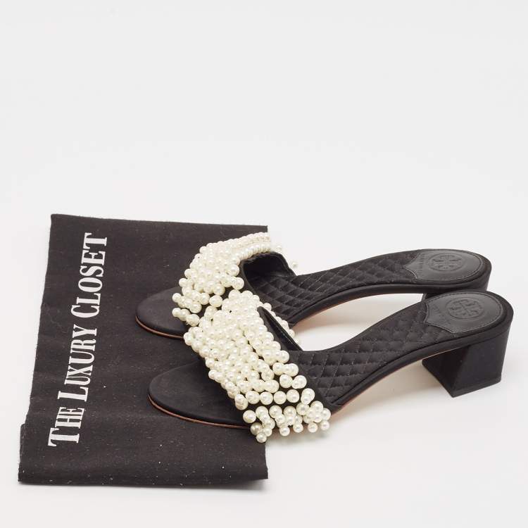 Pre Owned Tory Burch Black Satin Faux Pearl Embellished Slide Sandals Size 36.5