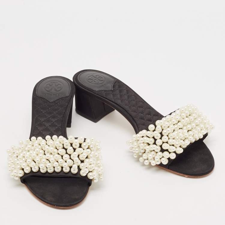 Pre Owned Tory Burch Black Satin Faux Pearl Embellished Slide Sandals Size 36.5