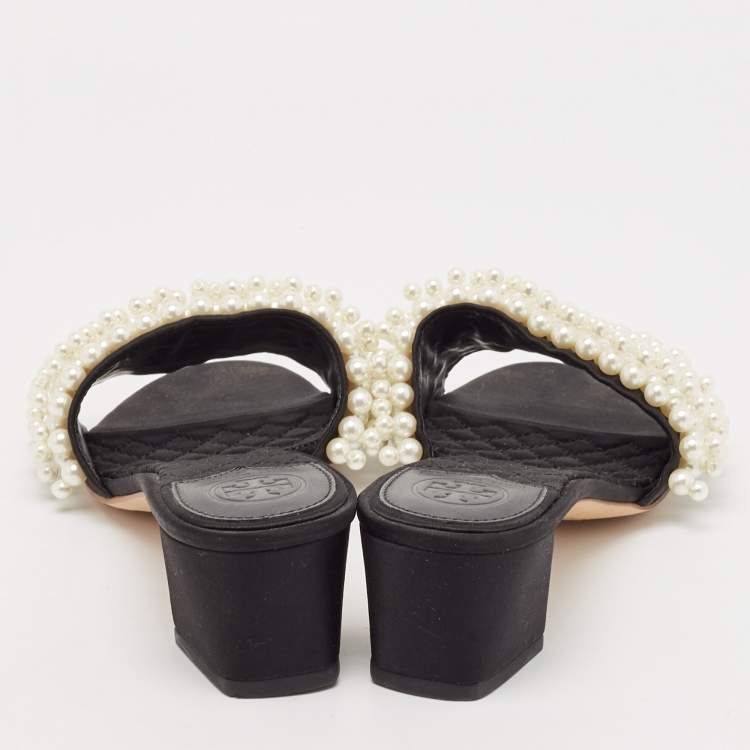 Pre Owned Tory Burch Black Satin Faux Pearl Embellished Slide Sandals Size 36.5