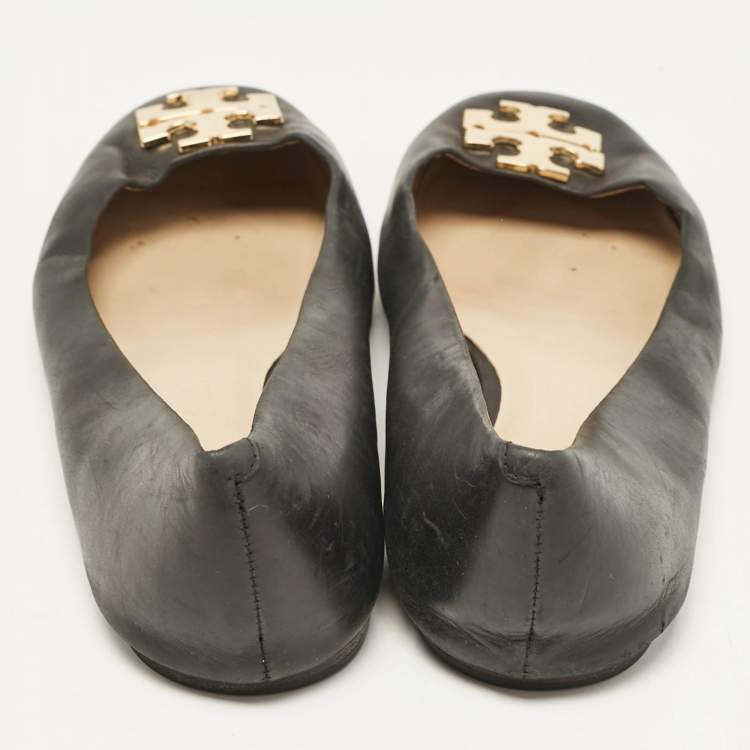 Pre Owned Tory Burch Black Leather Lowell Ballet Flats Size 39.5