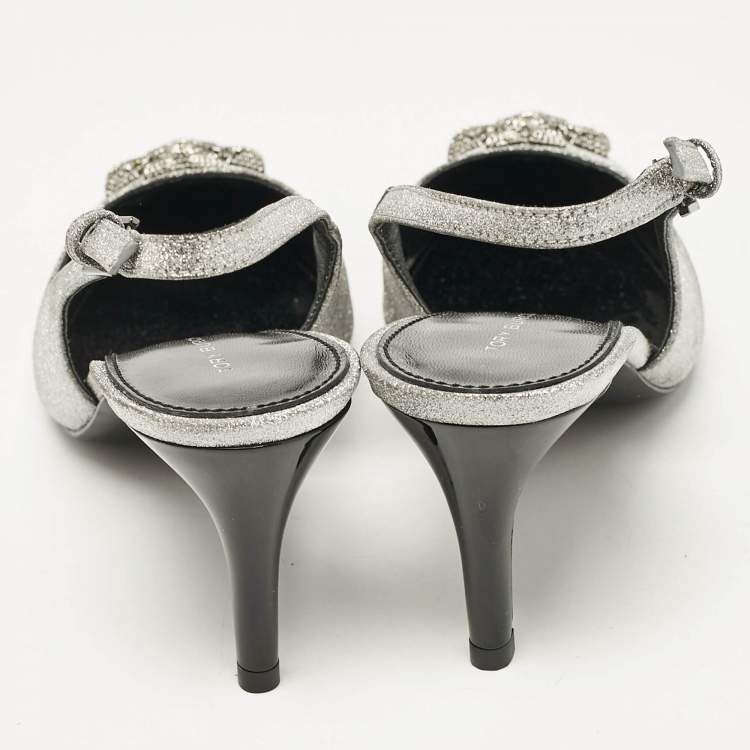 Pre Owned Tory Burch Silver Glitter Eleanor Slingback Pumps Size 38