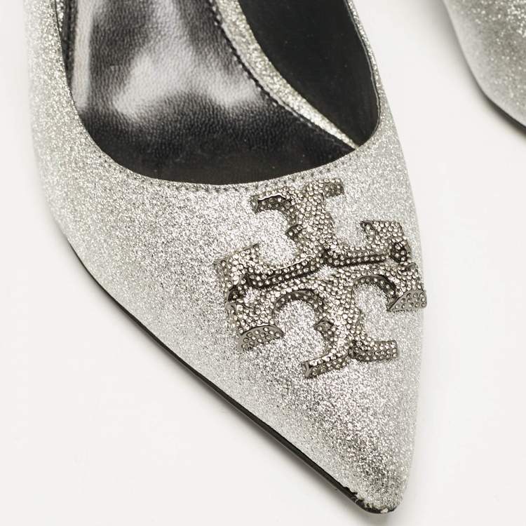 Pre Owned Tory Burch Silver Glitter Eleanor Slingback Pumps Size 38