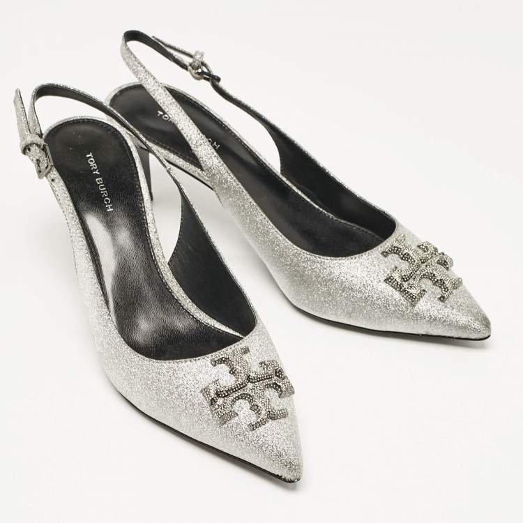 Pre Owned Tory Burch Silver Glitter Eleanor Slingback Pumps Size 38
