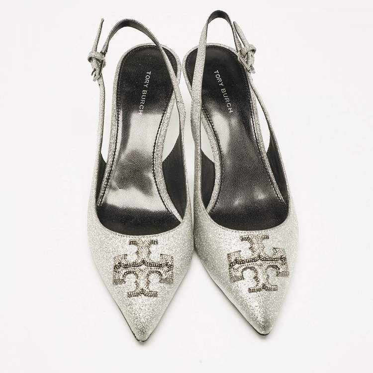 Pre Owned Tory Burch Silver Glitter Eleanor Slingback Pumps Size 38