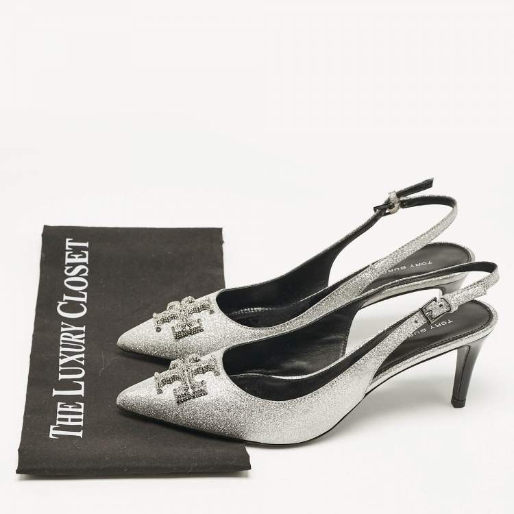 Pre Owned Tory Burch Silver Glitter Eleanor Slingback Pumps Size 38