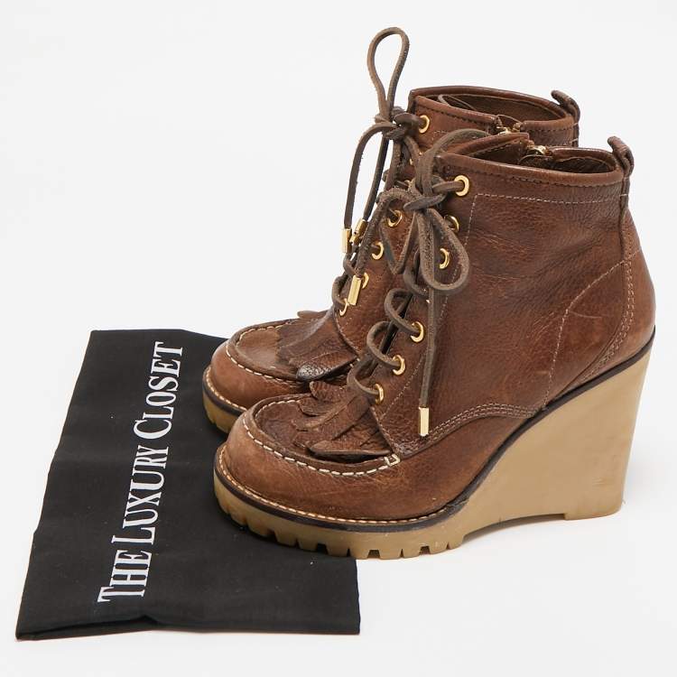 Pre Owned Tory Burch Brown Leather Fringe Detail Wedge Derby Ankle Boots Size 38.5