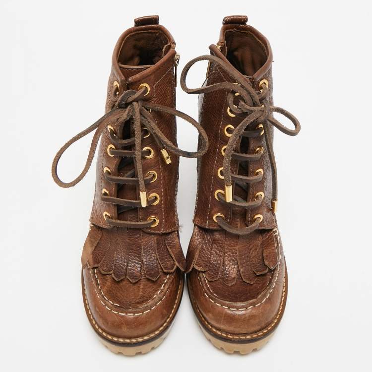 Pre Owned Tory Burch Brown Leather Fringe Detail Wedge Derby Ankle Boots Size 38.5