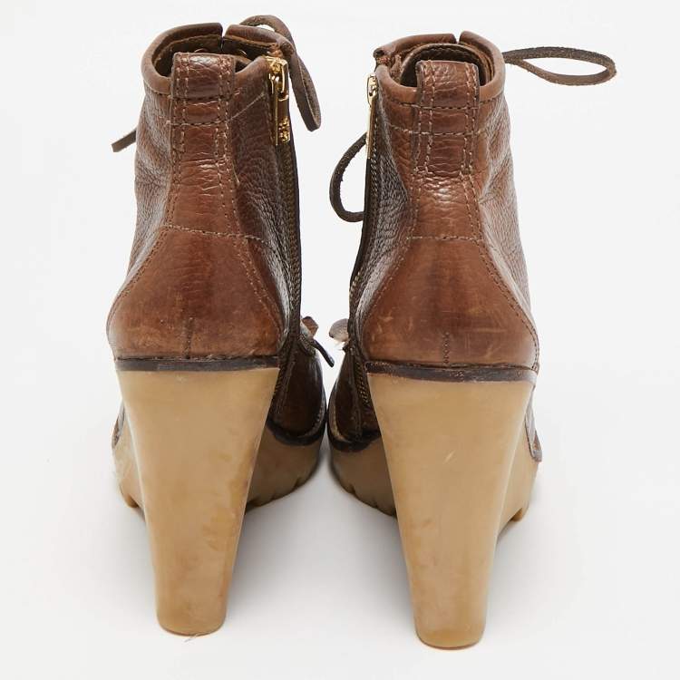 Pre Owned Tory Burch Brown Leather Fringe Detail Wedge Derby Ankle Boots Size 38.5