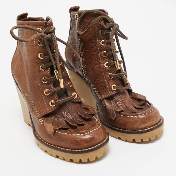 Pre Owned Tory Burch Brown Leather Fringe Detail Wedge Derby Ankle Boots Size 38.5