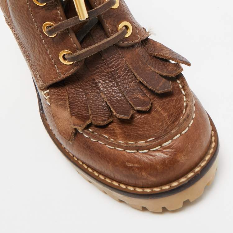 Pre Owned Tory Burch Brown Leather Fringe Detail Wedge Derby Ankle Boots Size 38.5