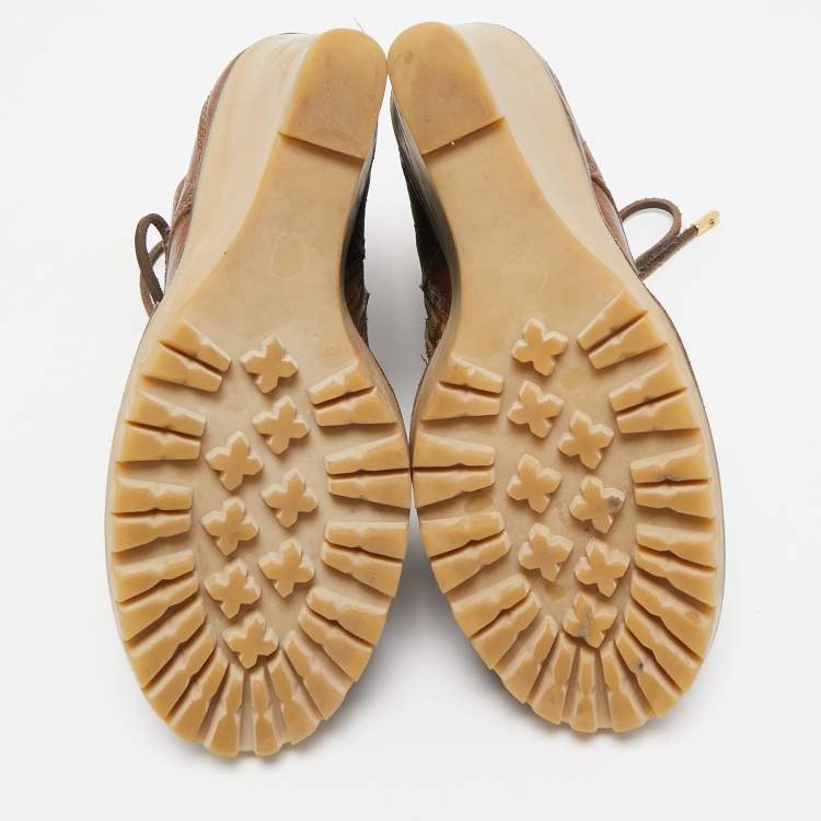 Pre Owned Tory Burch Brown Leather Fringe Detail Wedge Derby Ankle Boots Size 38.5