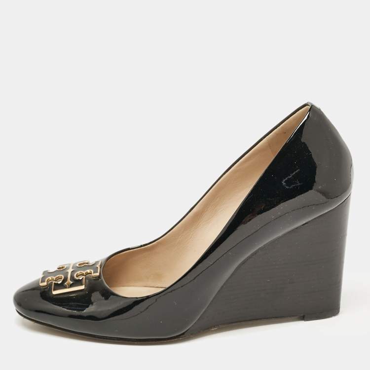 Pre Owned Tory Burch Black Leather Leticia Wedge Pumps Size 37