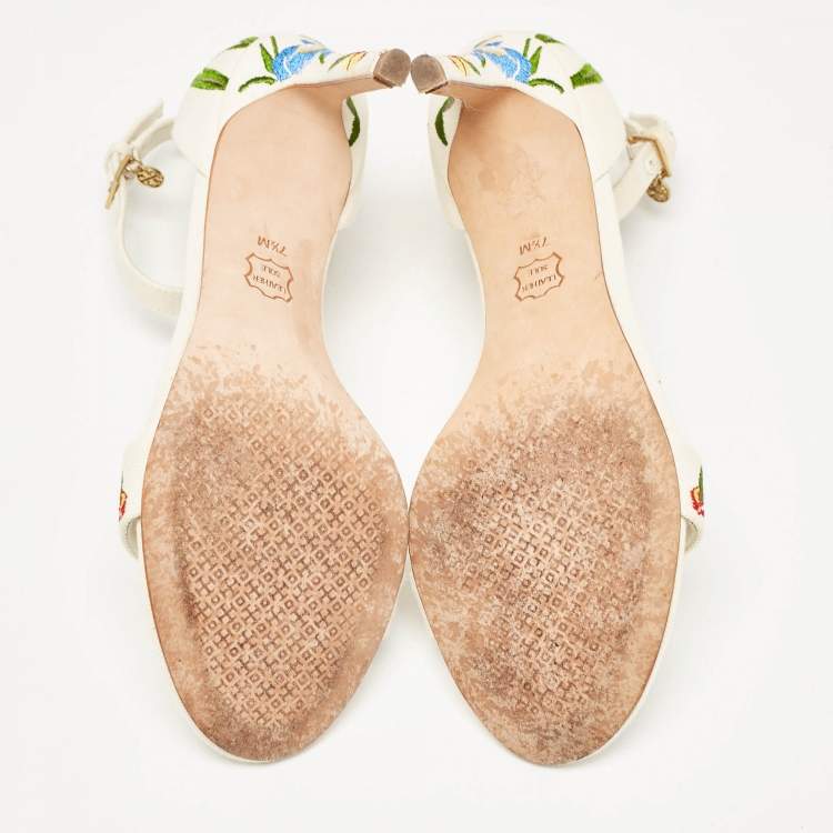 Pre Owned Tory Burch Off-White Embroidered Canvas Ankle Strap Sandals Size 38