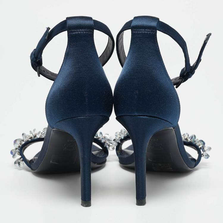 Pre Owned Tory Burch Blue Satin Crystal Embellished Ankle Strap Sandals Size 37.5