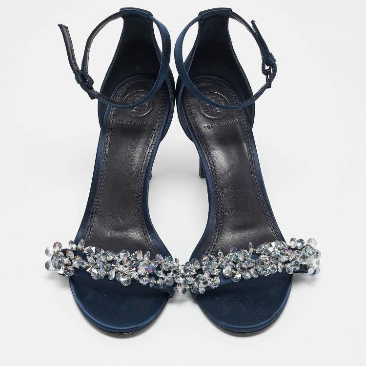 Pre Owned Tory Burch Blue Satin Crystal Embellished Ankle Strap Sandals Size 37.5