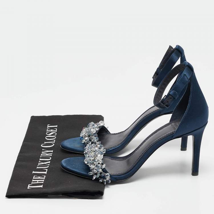 Pre Owned Tory Burch Blue Satin Crystal Embellished Ankle Strap Sandals Size 37.5
