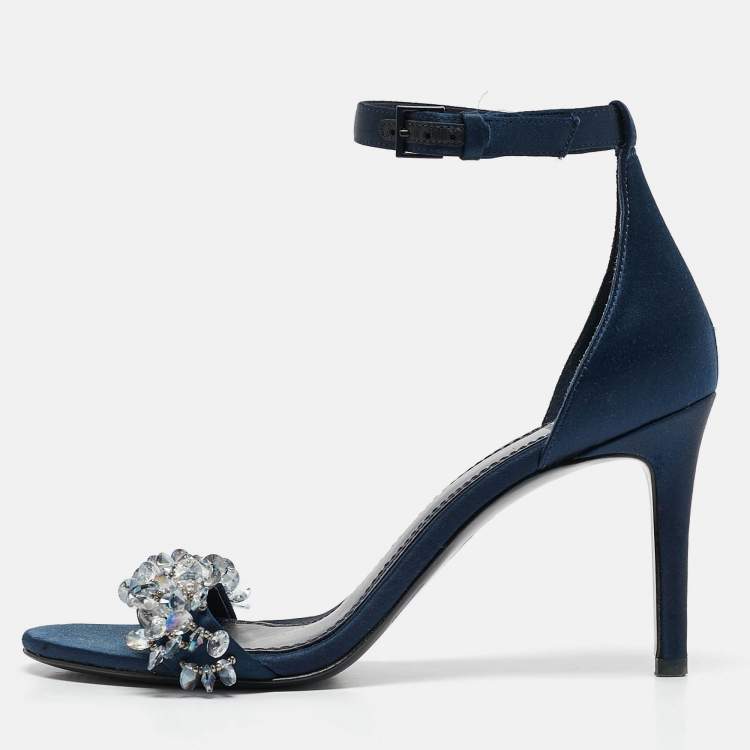 Pre Owned Tory Burch Blue Satin Crystal Embellished Ankle Strap Sandals Size 37.5