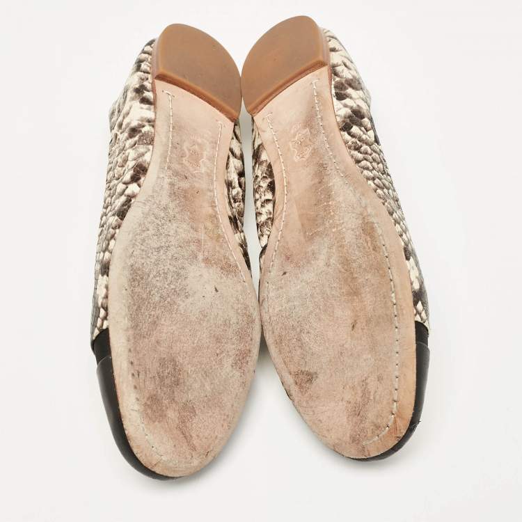 مملوكة مسبقًا Tory Burch Black/Cream Python Embossed Reva Ballet Flats Size 36.5