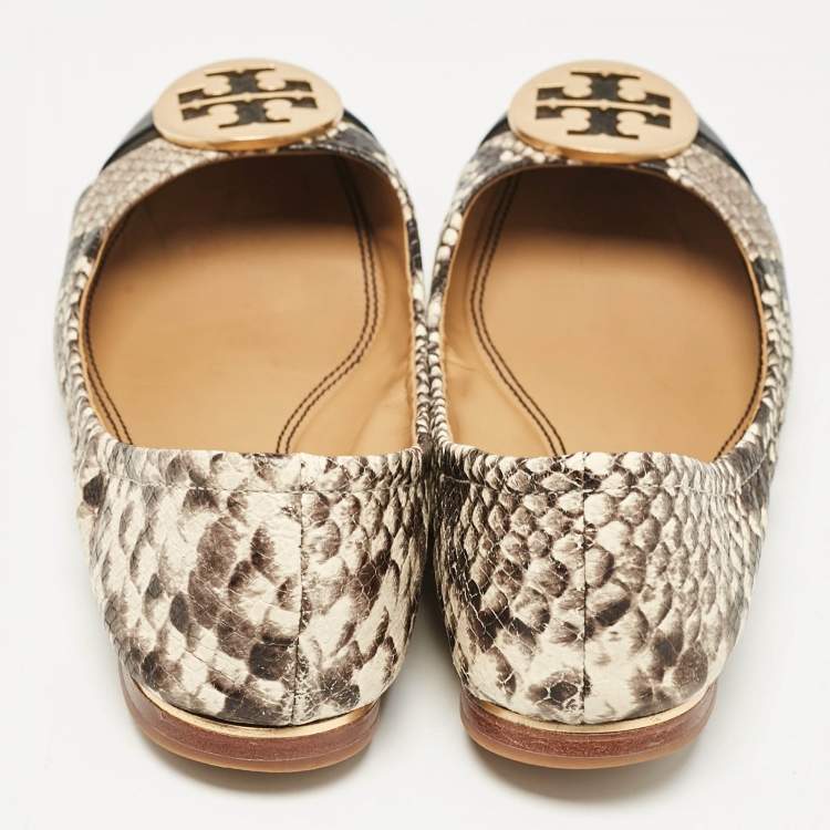 مملوكة مسبقًا Tory Burch Black/Cream Python Embossed Reva Ballet Flats Size 36.5