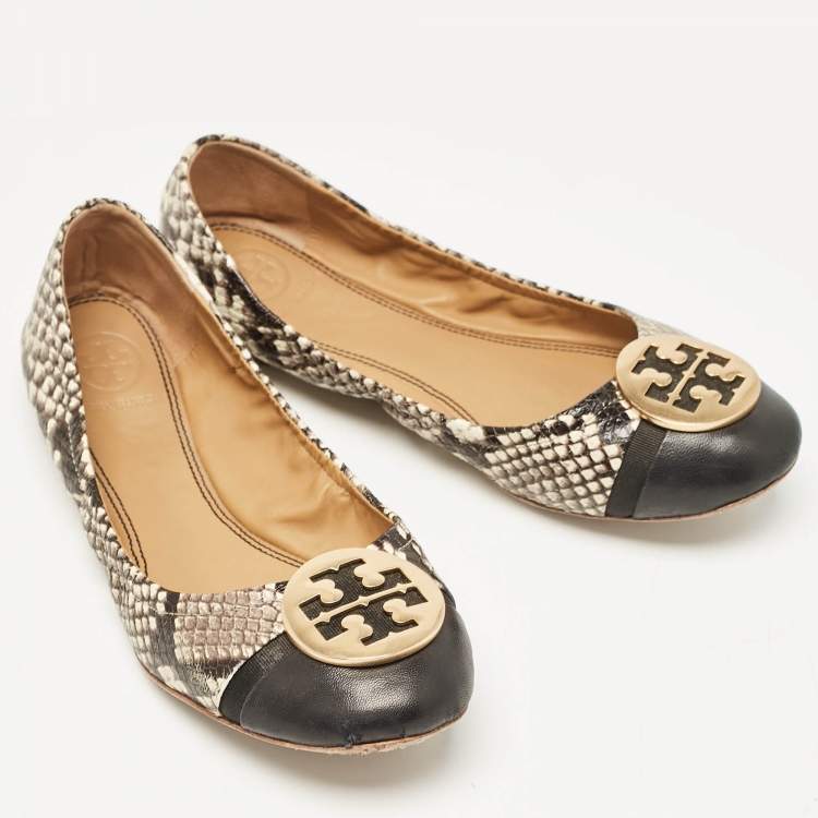 مملوكة مسبقًا Tory Burch Black/Cream Python Embossed Reva Ballet Flats Size 36.5