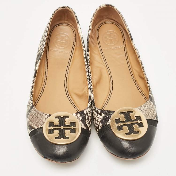 مملوكة مسبقًا Tory Burch Black/Cream Python Embossed Reva Ballet Flats Size 36.5