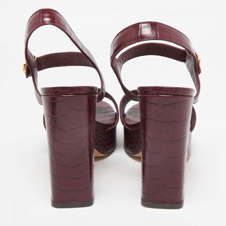 مملوكة مسبقًا Tory Burch Burgundy Croc Embossed Leather martine Ankle Strap Sandals Size 39